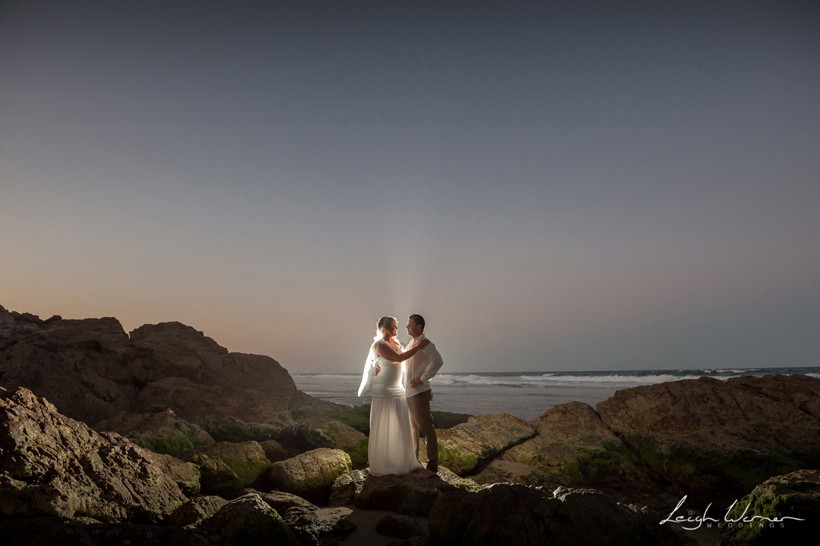 Backlit Bride and Groom at Twilight on North Burleigh Beach