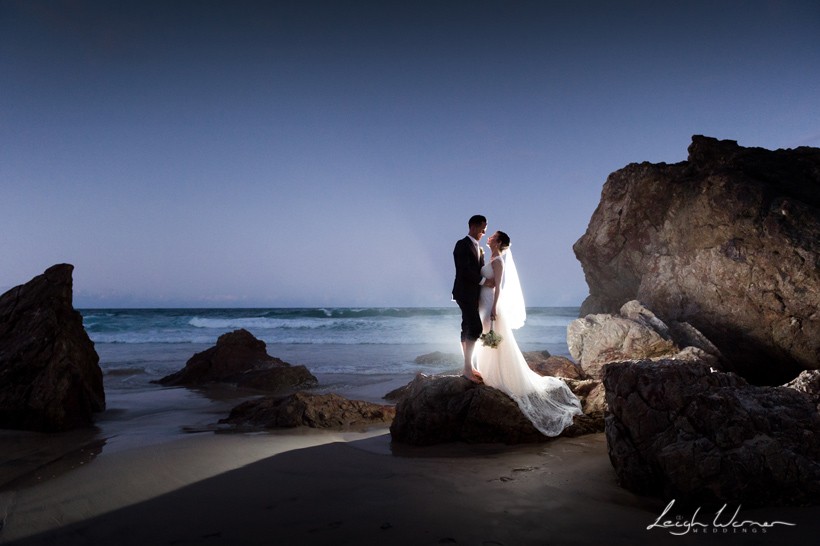 Bride and Groom at Twilight on beach at North Burleigh Beach Wedding